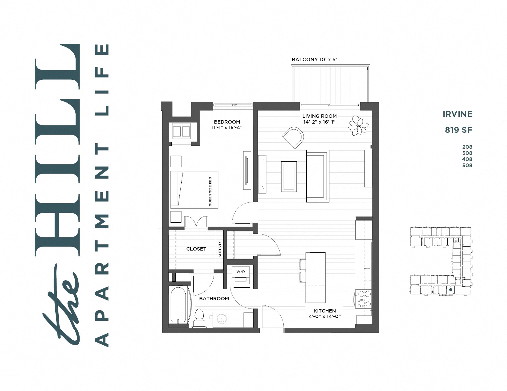 Floor plan for 1 bed, 1 bath, 819 sqft